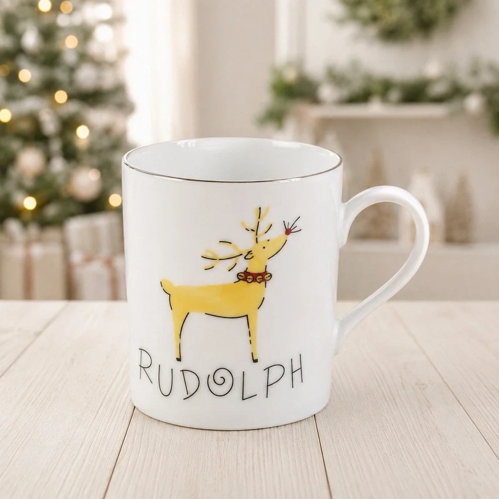 Pottery Barn Rudolph‎ Reindeer Christmas Mug White Silver Rim Japan 4